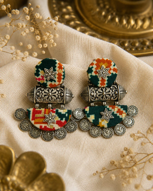 Handcrafted Ikat Fabric Oxidised Coin Statement Earrings