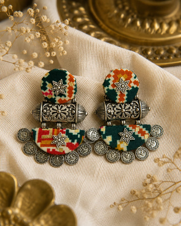 Handcrafted Ikat Fabric Oxidised Coin Statement Earrings