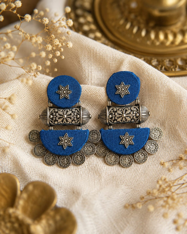 Peacock Blue Handcrafted Fabric Oxidised Coin Statement Earrings