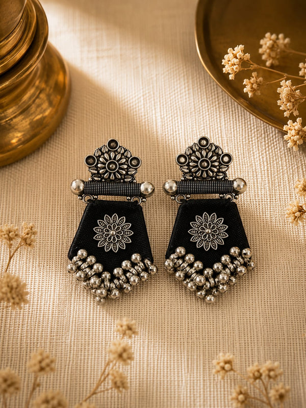 Midnight Black Handcrafted Fabric Oxidised Statement Earrings