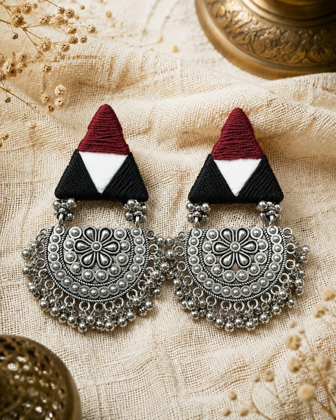 Handcrafted Oxidized Silver Thread Statement Earrings