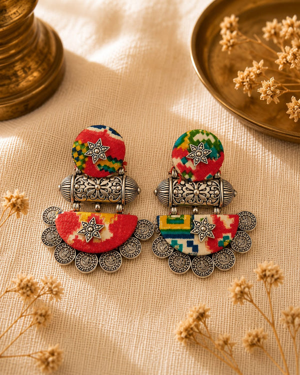 Boho Tribal Fabric Statement Earrings – Handmade Ethnic Oxidised Earrings